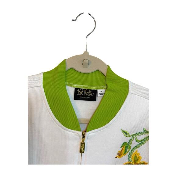 Bob Mackie Wearable Art White/Green Embroidered Bird Zip Up Sweater Sz XL NWOT - Picture 5 of 11